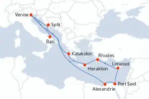 Carte de l’itinéraire du MSC Lirica · 13 jours / 12 nuits, Méditerranée orientale