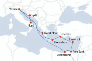 Carte de l’itinéraire du MSC Lirica · 14 jours / 13 nuits, Méditerranée orientale
