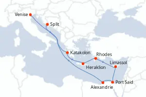 Carte de l’itinéraire du MSC Lirica · 11 jours / 10 nuits, Méditerranée orientale