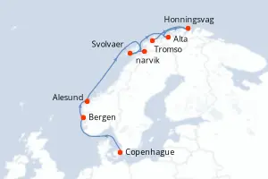 Carte de l’itinéraire du MS Trollfjord · 12 jours / 11 nuits, Norvège