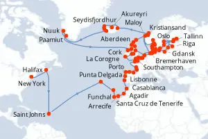 Carte de l’itinéraire du Seven Seas Mariner · 93 jours / 92 nuits, Îles britanniques & Irlande
