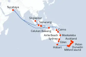 Carte de l’itinéraire de l’Azamara Pursuit · 36 jours / 35 nuits, Australie & Nouvelle-Zélande