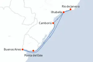 Carte de l’itinéraire du MSC Splendida · 10 jours / 9 nuits, Amérique du Sud