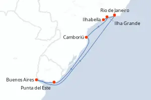 Carte de l’itinéraire du MSC Splendida · 10 jours / 9 nuits, Amérique du Sud