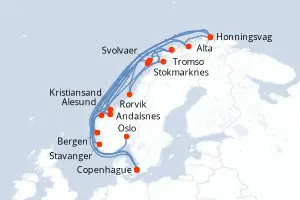 Carte de l’itinéraire du MS Trollfjord · 15 jours / 14 nuits, Norvège