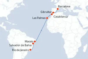 Carte de l’itinéraire du MSC Splendida · 15 jours / 14 nuits, Amérique du Sud