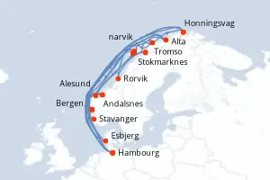 Carte de l’itinéraire du MS Finnmarken · 15 jours / 14 nuits, Norvège
