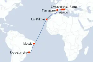 Carte de l’itinéraire du MSC Splendida · 16 jours / 15 nuits, Méditerranée occidentale