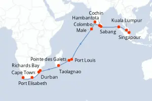 Carte de l’itinéraire de l’Azamara Onward · 30 jours / 29 nuits, Océan Indien