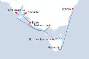 Carte de l’itinéraire du Silver Moon · 11 jours / 10 nuits, Australie & Nouvelle-Zélande