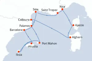 Carte de l’itinéraire du Silver Shadow · 13 jours / 12 nuits, Méditerranée occidentale
