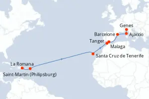 Carte de l’itinéraire du Costa Fascinosa · 17 jours / 16 nuits, Méditerranée occidentale