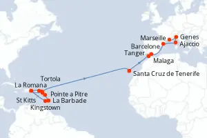Carte de l’itinéraire du Costa Fascinosa · 25 jours / 24 nuits, Petites Antilles
