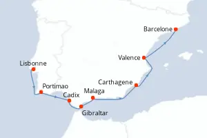 Carte de l’itinéraire du Silver Dawn · 8 jours / 7 nuits, Méditerranée occidentale