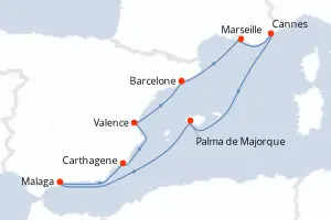 Carte de l’itinéraire du Silver Ray · 11 jours / 10 nuits, Méditerranée occidentale