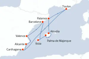 Carte de l’itinéraire du Silver Ray · 11 jours / 10 nuits, Méditerranée occidentale