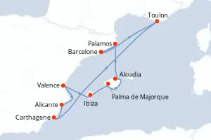 Carte de l’itinéraire du Silver Ray · 11 jours / 10 nuits, Méditerranée occidentale