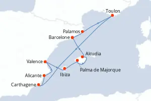 Carte de l’itinéraire du Silver Ray · 11 jours / 10 nuits, Méditerranée occidentale