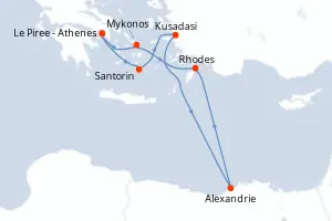 Carte de l’itinéraire du Scarlet Lady · 11 jours / 10 nuits, Méditerranée orientale