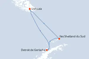 Carte de l’itinéraire du MS Fridtjof Nansen · 11 jours / 10 nuits, Antarctique