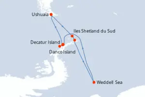 Carte de l’itinéraire du MS Fridtjof Nansen · 15 jours / 14 nuits, Antarctique