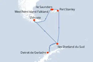 Carte de l’itinéraire du MS Fridtjof Nansen · 15 jours / 14 nuits, Patagonie / Cap Horn