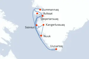 Carte de l’itinéraire du MS Fridtjof Nansen · 11 jours / 10 nuits, Groenland