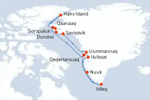 Carte de l’itinéraire du MS Fridtjof Nansen · 15 jours / 14 nuits, Groenland