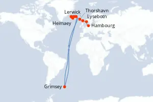 Carte de l’itinéraire du MS Fridtjof Nansen · 13 jours / 12 nuits, Islande