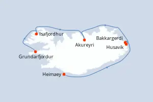 Carte de l’itinéraire du MS Fridtjof Nansen · 8 jours / 7 nuits, Islande