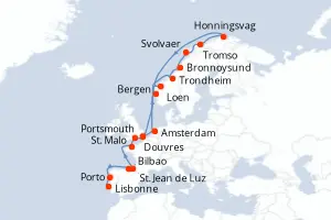 Carte de l’itinéraire du Seabourn Quest · 23 jours / 22 nuits, Norvège