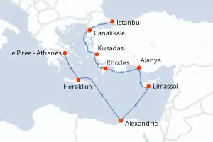 Carte de l’itinéraire du Seven Seas Navigator · 15 jours / 14 nuits, Méditerranée orientale