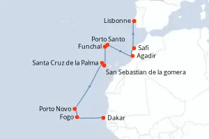 Carte de l’itinéraire du Silver Endeavour · 15 jours / 14 nuits, Îles de l'Atlantique