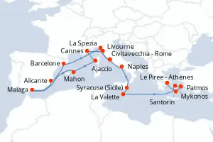 Carte de l’itinéraire de l’EXPLORA II · 21 jours / 20 nuits, Méditerranée occidentale