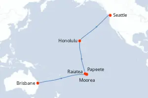Carte de l’itinéraire du Quantum of the Seas · 23 jours / 22 nuits, Pacifique Sud / Polynésie