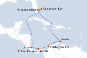 Carte de l’itinéraire du Caribbean Princess · 13 jours / 12 nuits, Caraïbes méridionales