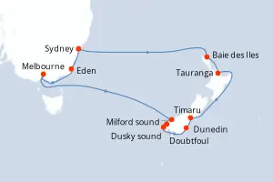 Carte de l’itinéraire du Norwegian Spirit · 15 jours / 14 nuits, Australie & Nouvelle-Zélande