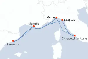 Carte de l’itinéraire du MSC World Europa · 7 jours / 6 nuits, Méditerranée occidentale