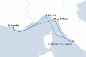 Carte de l’itinéraire du MSC World Europa · 5 jours / 4 nuits, Méditerranée occidentale