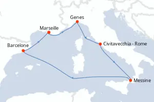 Carte de l’itinéraire du MSC World Europa · 7 jours / 6 nuits, Méditerranée occidentale