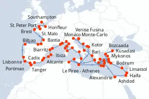 Carte de l’itinéraire du Seven Seas Mariner · 83 jours / 82 nuits, Méditerranée occidentale