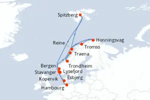 Carte de l’itinéraire du MS Finnmarken · 15 jours / 14 nuits, Norvège