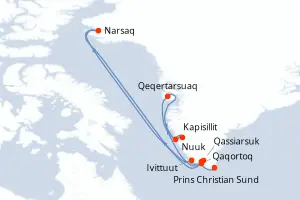 Carte de l’itinéraire du MS Fridtjof Nansen · 13 jours / 12 nuits, Groenland