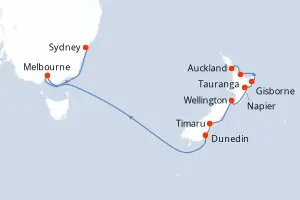 Carte de l’itinéraire de l’Oceania Riviera · 15 jours / 14 nuits, Australie & Nouvelle-Zélande