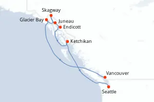 Carte de l’itinéraire du Star Princess · 10 jours / 9 nuits, Alaska