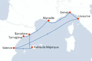 Carte de l’itinéraire du MSC Sinfonia · 8 jours / 7 nuits, Méditerranée occidentale