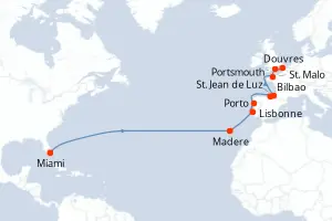 Carte de l’itinéraire du Seabourn Quest · 21 jours / 20 nuits, Îles de l'Atlantique