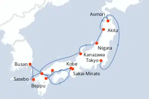 Carte de l’itinéraire de l’Azamara Pursuit · 15 jours / 14 nuits, Extrême-Orient