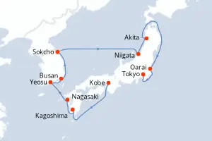 Carte de l’itinéraire de l’Azamara Pursuit · 15 jours / 14 nuits, Extrême-Orient