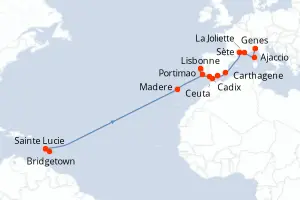 Carte de l’itinéraire du Seabourn Ovation · 23 jours / 22 nuits, Petites Antilles